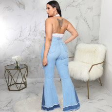 Plus Size 5XL Denim Patchwork Hole Flared Jeans HSF-2377