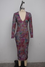 Sexy Printed V Neck Slim Midi Dress SMR-9943