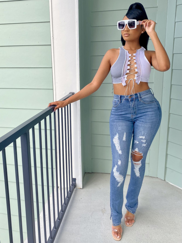 Plus Size Denim Ripped Hole Split Jeans Pants LX-5501