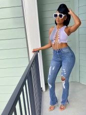 Plus Size Denim Ripped Hole Split Jeans Pants LX-5501
