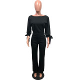Fashion Casual Solid Color 3/4 Sleeve Top And Trouser Two Piece Set OMY-8016