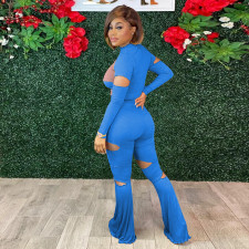 Sexy Ribbed Hole Long Sleeve Two Piece Pants Set MOF-6603