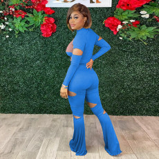 Sexy Ribbed Hole Long Sleeve Two Piece Pants Set MOF-6603
