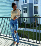 Plus Size Denim Ripped Hole Split Jeans Pants LX-5501