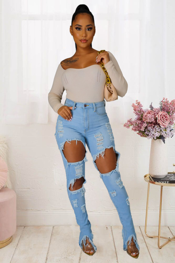 Plus Size Denim Ripped Hole Pencil Jeans LX-5503
