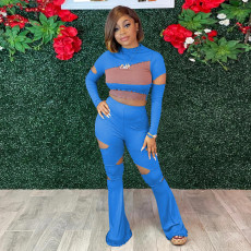 Sexy Ribbed Hole Long Sleeve Two Piece Pants Set MOF-6603
