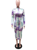 Long Sleeve Tie-dye Print Sexy Midi Dress YIBF-6013
