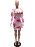 Letter Print Tie-dye Long Sleeve Mini Dress YIBF-6004