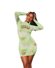 Letter Print Tie-dye Long Sleeve Mini Dress YIBF-6004