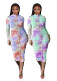 Long Sleeve Tie-dye Print Sexy Midi Dress YIBF-6013