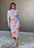 Long Sleeve Tie-dye Print Sexy Midi Dress YIBF-6013