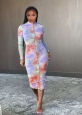 Long Sleeve Tie-dye Print Sexy Midi Dress YIBF-6013