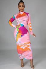 Sexy Map Print Turtleneck Long Sleeve Slim Maxi Dress SFY-218