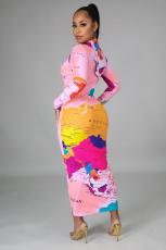 Sexy Map Print Turtleneck Long Sleeve Slim Maxi Dress SFY-218