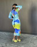Sexy Map Print Turtleneck Long Sleeve Slim Maxi Dress SFY-218