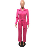 Plus Size Casual Shirt Collar Jumpsuit (With Belt) OMY-8074