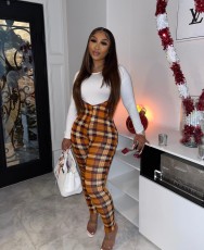 White Long Sleeve Tops+Plaid Strap Pants 2 Piece Sets YS-8753
