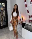 White Long Sleeve Tops+Plaid Strap Pants 2 Piece Sets YS-8753