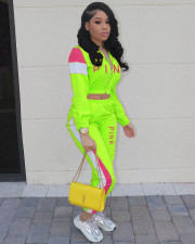 Fashion Casual Splice PINK Letter Print Coat And Pants Sports Two Piece Set XMF-034