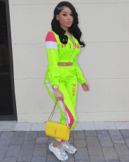 Fashion Casual Splice PINK Letter Print Coat And Pants Sports Two Piece Set XMF-034