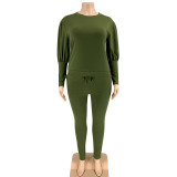 Plus Size 5XL Solid Long Sleeve Two Piece Pants Set OSIF-21022