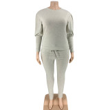 Plus Size 5XL Solid Long Sleeve Two Piece Pants Set OSIF-21022