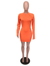 Fashion Sexy Zipper Solid Color Long Sleeve Dress OMY-5166