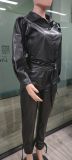 PU Leather Long Sleeve Two Piece Pants Set MA-376