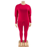 Plus Size 5XL Solid Long Sleeve Two Piece Pants Set OSIF-21022