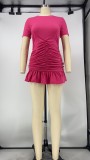 Sexy Solid Short Sleeve Ruched Ruffles Mini Dress XMY-9288