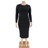 Plus Size 5XL Solid Color Long Sleeve Skinny Bodycon Midi Dress Without Belt OSIF-20972