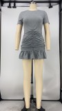 Sexy Solid Short Sleeve Ruched Ruffles Mini Dress XMY-9288