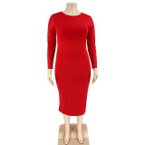 Plus Size 5XL Solid Color Long Sleeve Skinny Bodycon Midi Dress Without Belt OSIF-20972