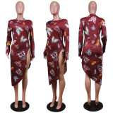 Butterfly Print Long Sleeve Split Irregular Midi Dress WY-6738
