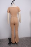 Solid Short Sleeve Flared Pants Two Piece Suits SMR-9917