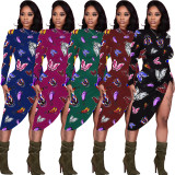 Butterfly Print Long Sleeve Split Irregular Midi Dress WY-6738