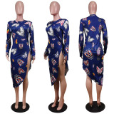 Butterfly Print Long Sleeve Split Irregular Midi Dress WY-6738