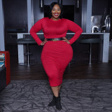 Plus Size 5XL Solid Color Long Sleeve Skinny Bodycon Midi Dress Without Belt OSIF-20972