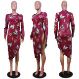 Butterfly Print Long Sleeve Split Irregular Midi Dress WY-6738