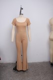 Solid Short Sleeve Flared Pants Two Piece Suits SMR-9917