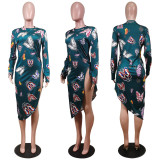 Butterfly Print Long Sleeve Split Irregular Midi Dress WY-6738