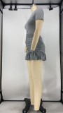 Sexy Solid Short Sleeve Ruched Ruffles Mini Dress XMY-9288
