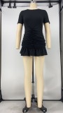 Sexy Solid Short Sleeve Ruched Ruffles Mini Dress XMY-9288