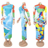 Sexy Map Print Turtleneck Long Sleeve Slim Maxi Dress SFY-218