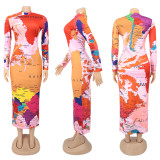 Sexy Map Print Turtleneck Long Sleeve Slim Maxi Dress SFY-218