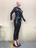 Plus Size PU Leather Long Sleeve Belted Slim Jumpsuits OD-8414