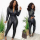 Plus Size PU Leather Long Sleeve Belted Slim Jumpsuits OD-8414