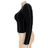 Plus Size 5XL Solid Ribbed Long Sleeve Pullover Tops ASL-7011