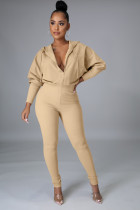 Solid Hooded Zipper Long Sleeve Jumpsuit OMY-8105