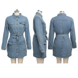 Casual Long Sleeve Buttons Sashes Denim Mini Dress SMR-9896